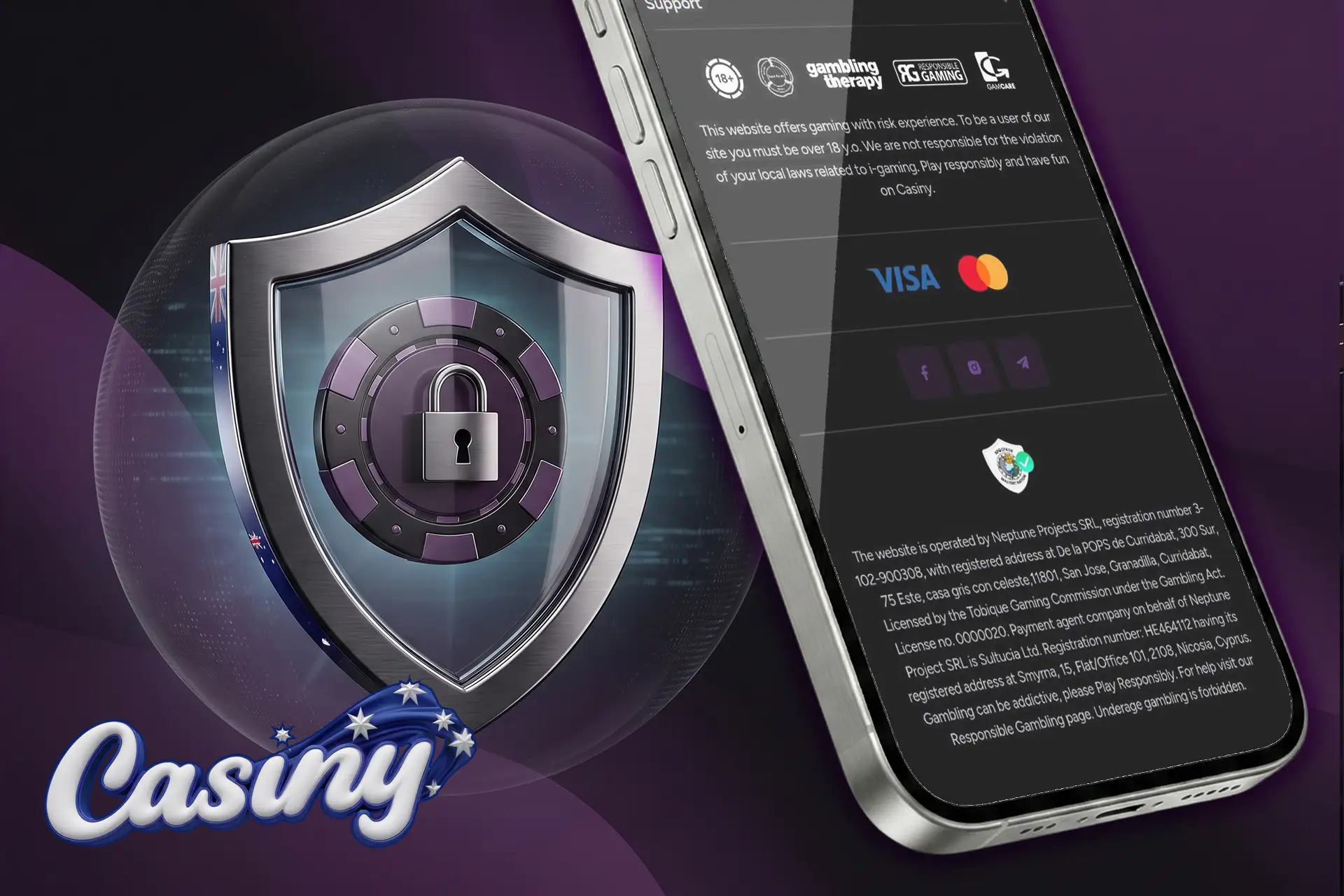 Player protection, responsible gaming guidelines, and official licensing information, symbolized by a digital padlock inside a security shield